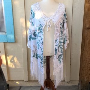 Kimono Festival Tropical Cover Swim Duster Fringe Medium